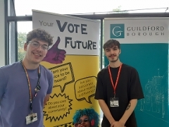 Annual Canvass at Guildford College Member of Guildford Borough Electoral Services Team with Student Enrichment Officer at Guildford College