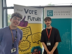 Member of Guildford Borough Electoral Services Team with Student Enrichment Officer at Guildford College