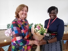 Dame Maggie Aderin-Pocock with Mayor of Guildford at IWD Afternoon Tea