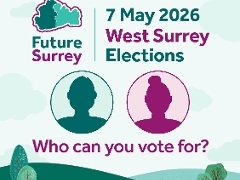 Graphic promoting the West Surrey Elections on 7 May 2026. The Future Surrey logo appears at the top left. The headline reads “7 May 2026 West Surrey Elections.” Two circular silhouette icons representing candidates appear below, followed by the text “Who